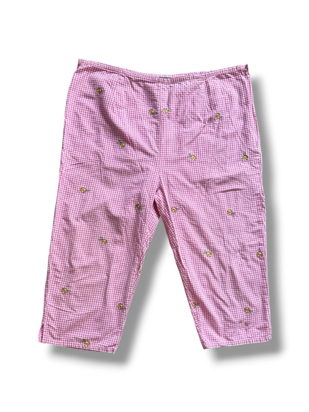 Vintage Pink White Gingham Flower Embroidered Cropped Pants Women’s Plus Size 16